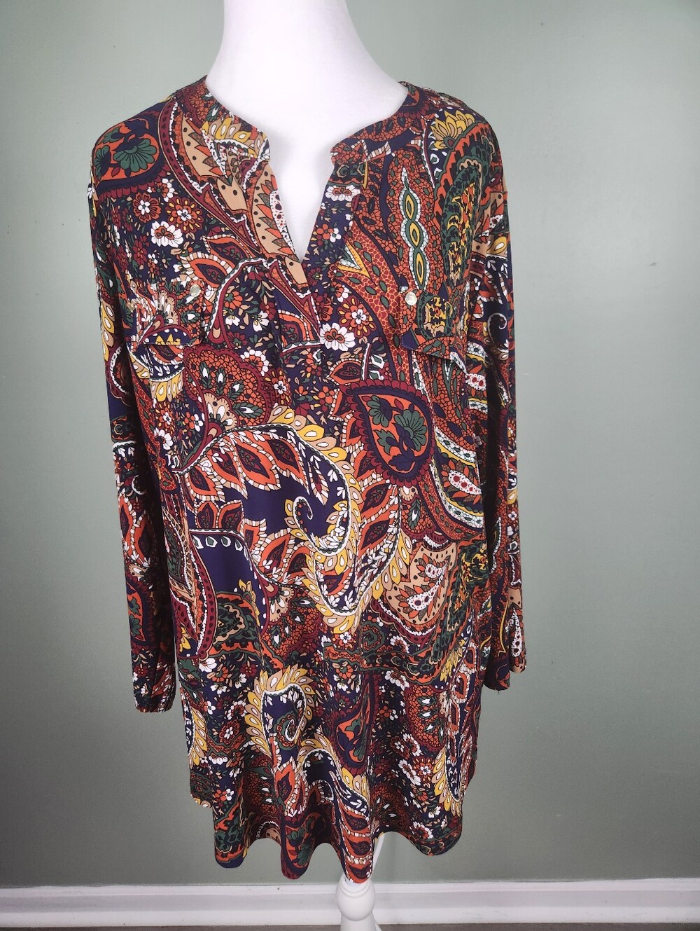 Boho paisley 3/4 sleeve tunic top XL vintage-inspired